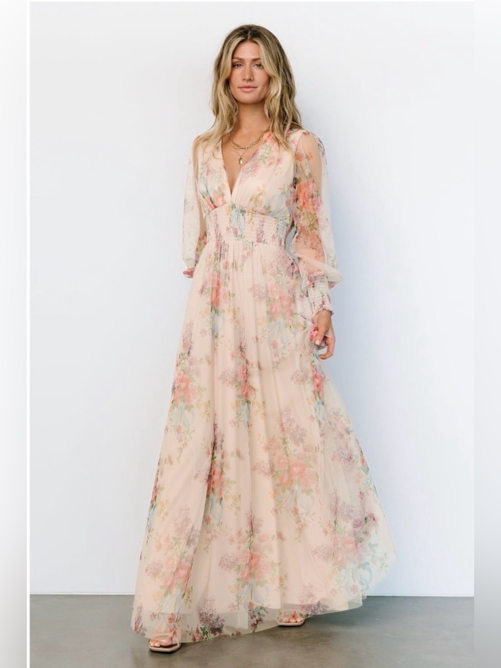 Baltic Born Floral Maxi Dress Size M – Sheer Sleeves, Smocked Waist